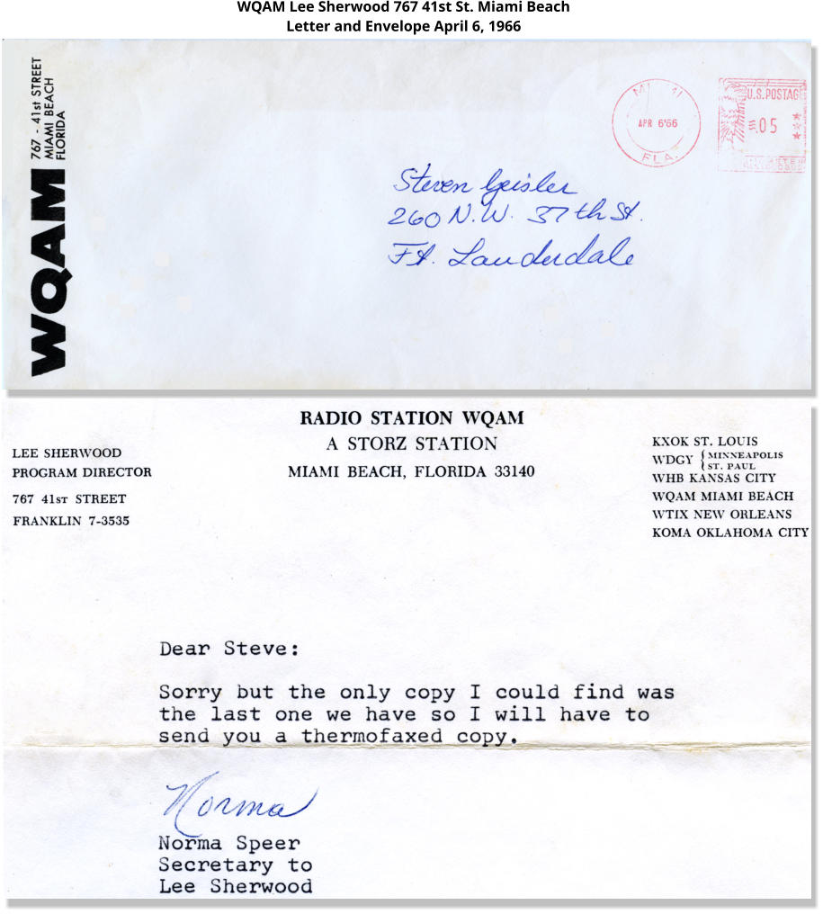 WQAM Lee Sherwood 767 41st St. Miami Beach Letter and Envelope April 6, 1966